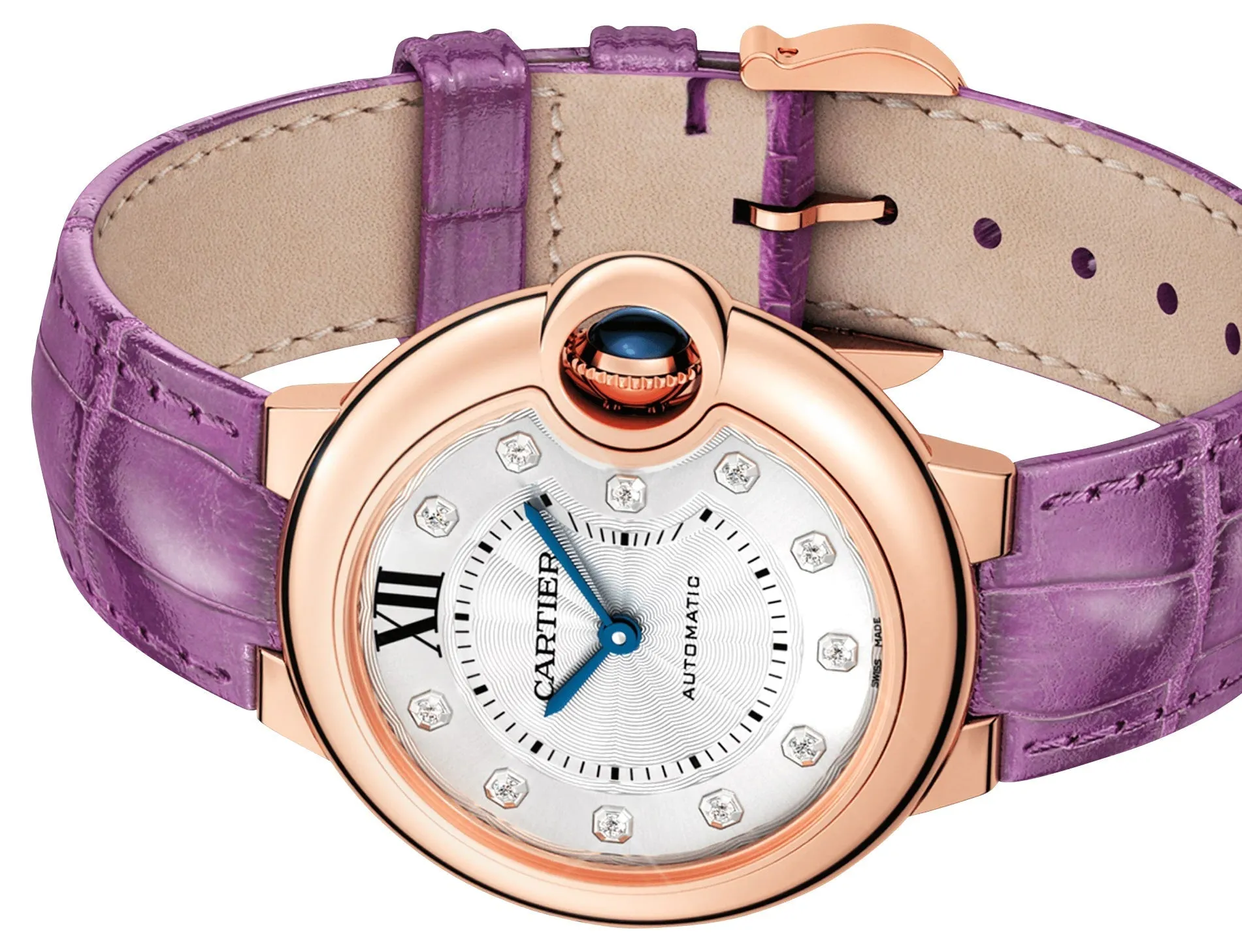 Cartier Ballon Bleu Automatic 18K Rose Gold Silver-Tone Dial Diamonds Purple Leather Strap Womens Watch WE902063
