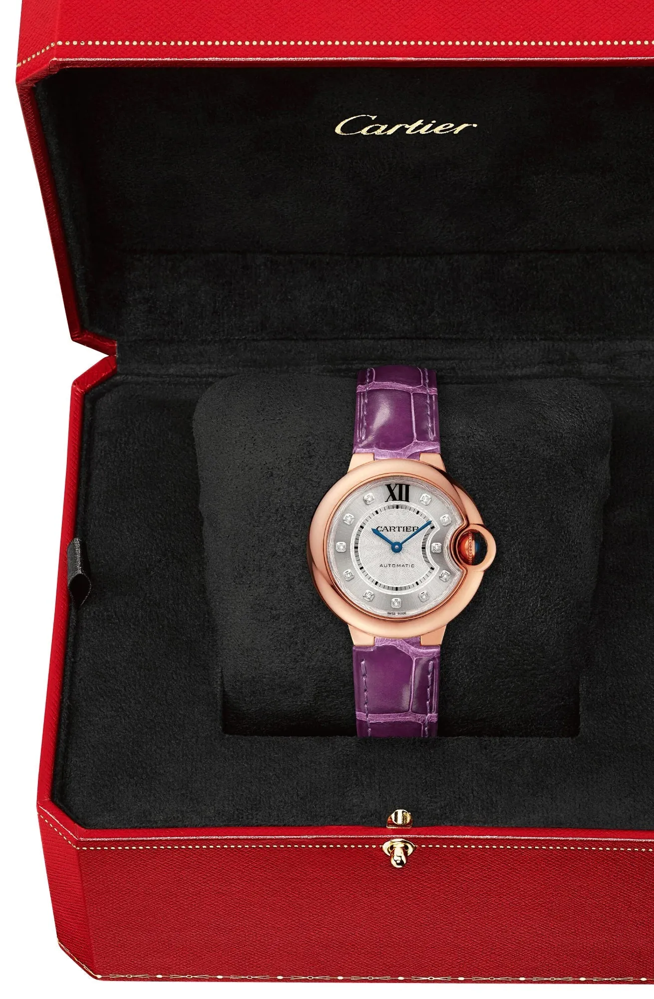 Cartier Ballon Bleu Automatic 18K Rose Gold Silver-Tone Dial Diamonds Purple Leather Strap Womens Watch WE902063