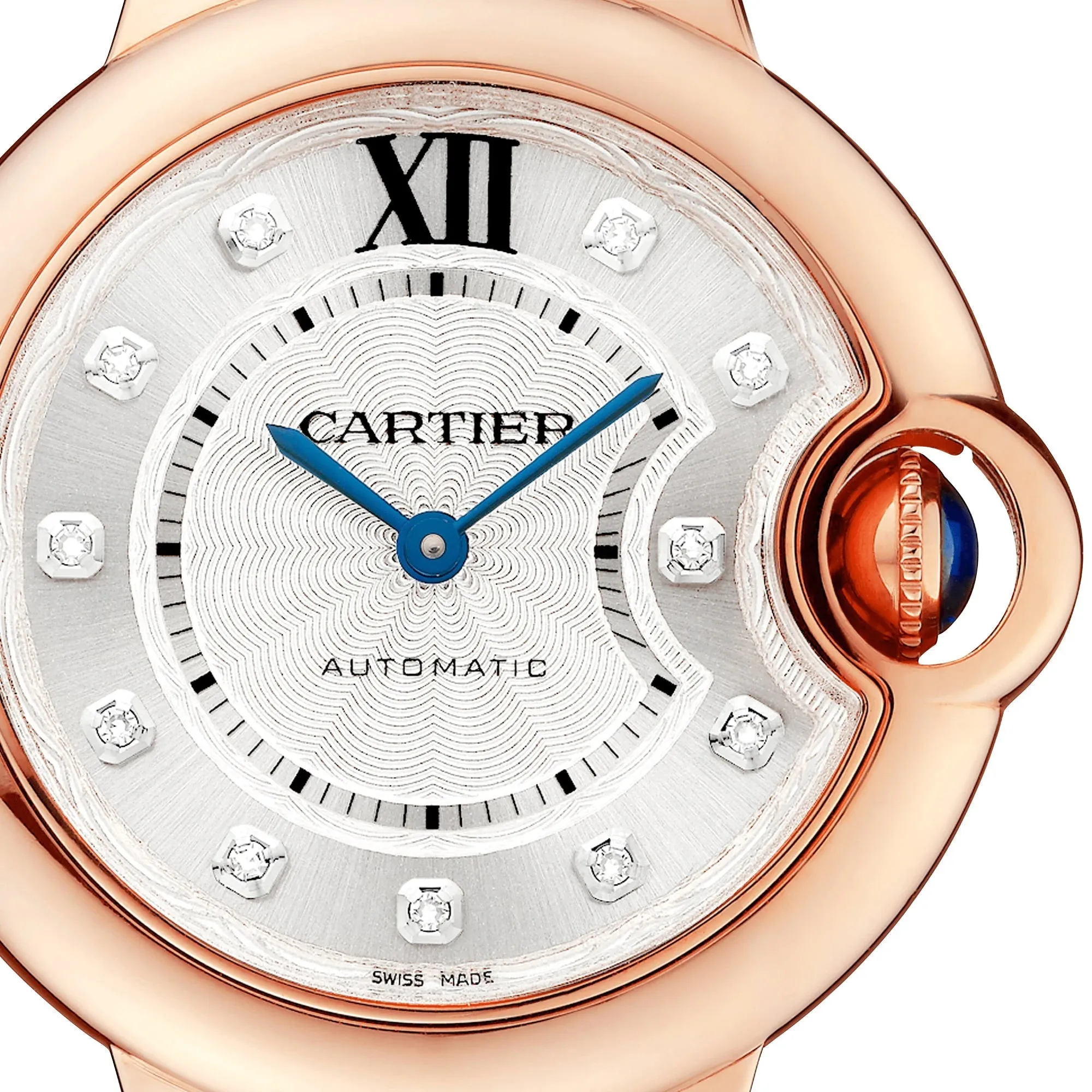Cartier Ballon Bleu Automatic 18K Rose Gold Silver-Tone Dial Diamonds Purple Leather Strap Womens Watch WE902063