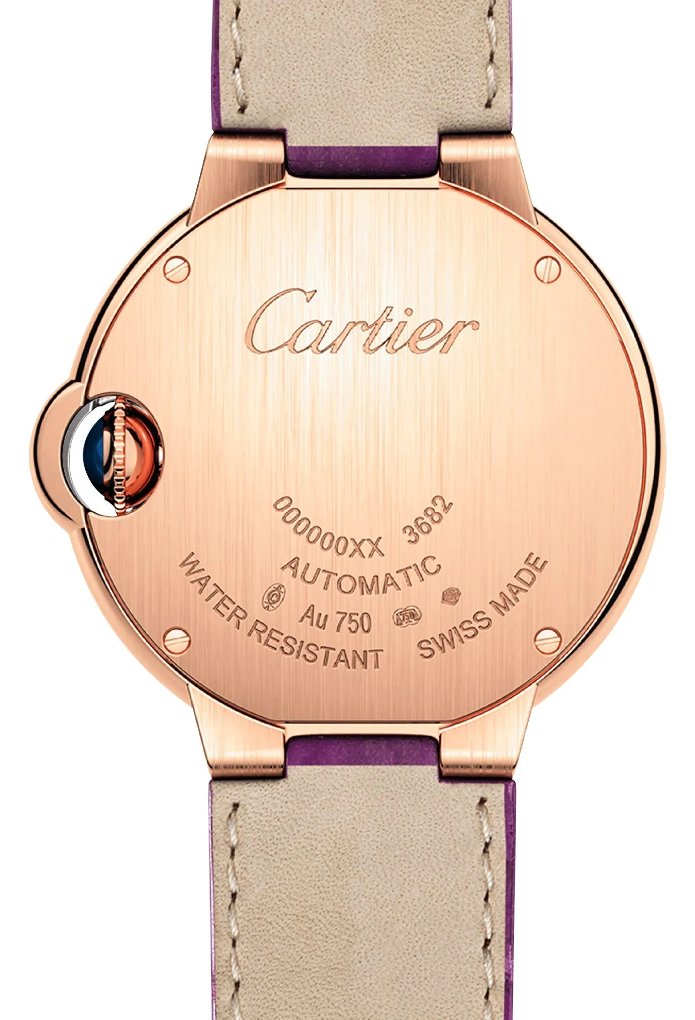 Cartier Ballon Bleu Automatic 18K Rose Gold Silver-Tone Dial Diamonds Purple Leather Strap Womens Watch WE902063