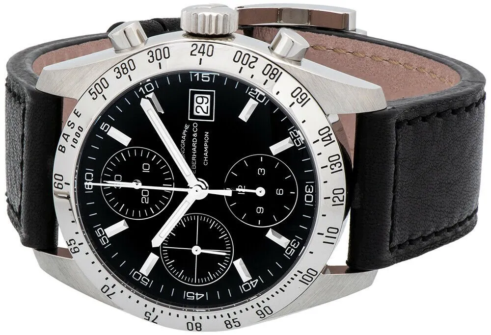 Eberhard & Co. Champion Chronograph Automatic Date Stainless Steel 31044.14 Mens Watch with Black Leather Band Black Dial
