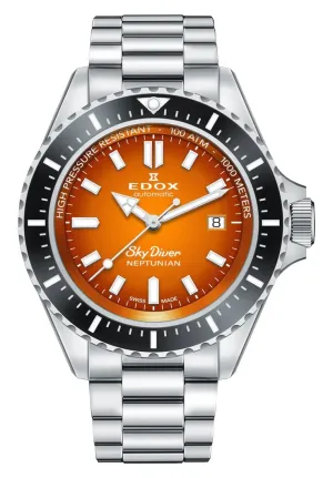 Edox Skydiver Neptunian Automatic Stainless Steel Orange Dial Date Divers Mens Watch 80120-3NM-ODN