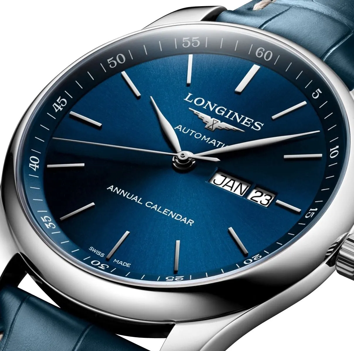 Longines Master Collection Automatic Stainless Steel Blue Dial Blue Leather Strap Date/Month Mens Watch L2.910.4.92.0