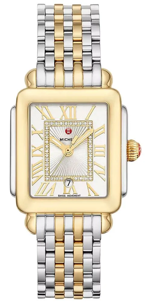 Michele Deco Madison Mid Two-Tone Steel Diamonds Silver Dial Date Rectangle Womens Watch MWW06G000013