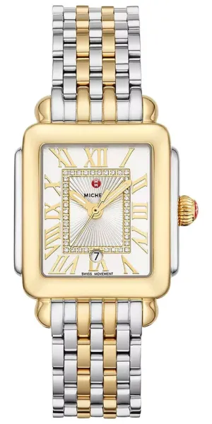 Michele Deco Madison Mid Two-Tone Steel Diamonds Silver Dial Date Rectangle Womens Watch MWW06G000013