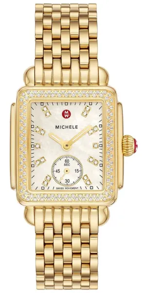 Michele Deco Mid Gold-Plated Steel Diamond Mother of Pearl Dial Rectangle Womens Watch MWW06V000124