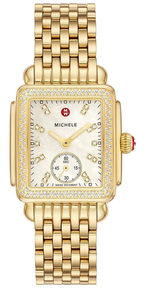 Michele Deco Mid Gold-Plated Steel Diamond Mother of Pearl Dial Rectangle Womens Watch MWW06V000124
