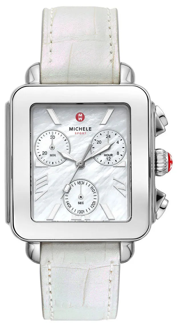 Michele Deco Sport Chronograph Mother-of-Pearl Rectangle Dial White Leather Women's Watch MWW06K000066