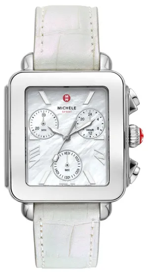 Michele Deco Sport Chronograph Mother-of-Pearl Rectangle Dial White Leather Women's Watch MWW06K000066
