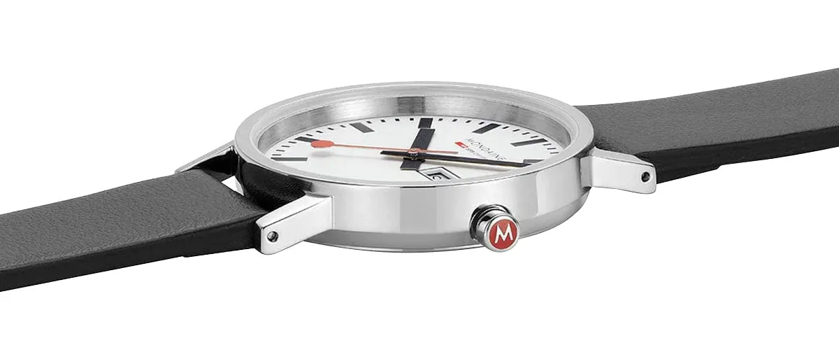 Mondaine Classic Stainless Steel White Dial Black Vegan Leather Strap Day/Date Quartz Unisex Watch A667.30314.11SBB