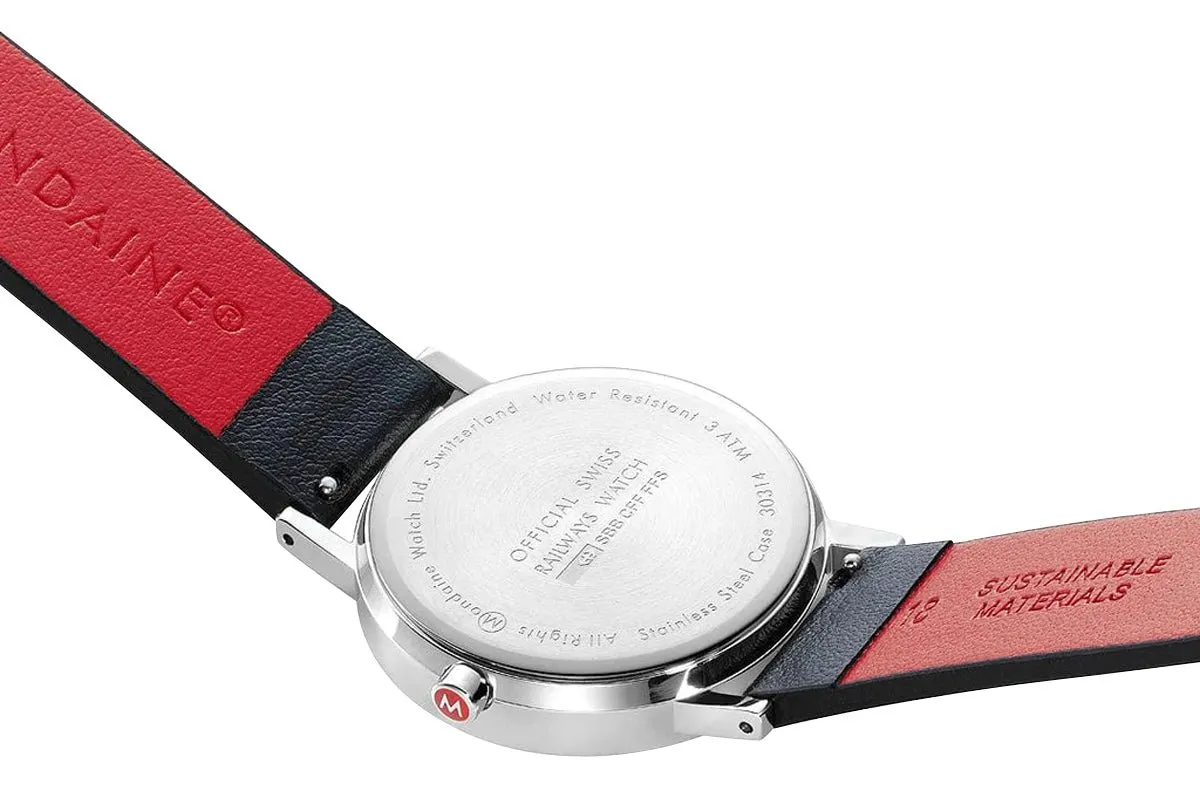 Mondaine Classic Stainless Steel White Dial Black Vegan Leather Strap Day/Date Quartz Unisex Watch A667.30314.11SBB