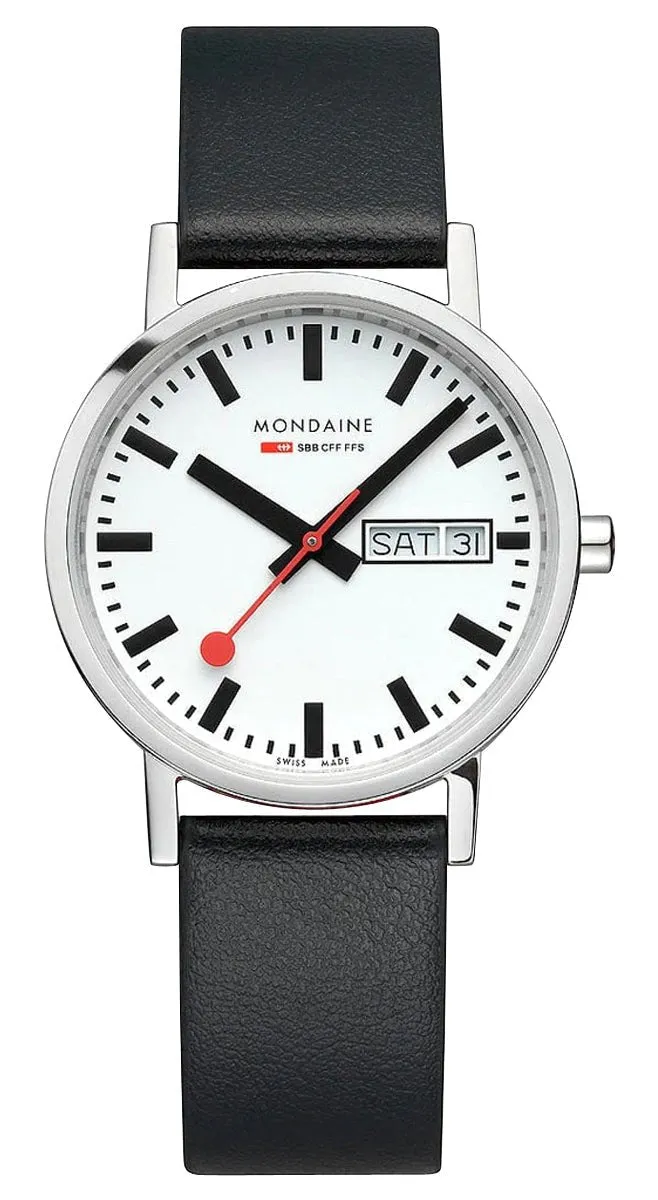 Mondaine Classic Stainless Steel White Dial Black Vegan Leather Strap Day/Date Quartz Unisex Watch A667.30314.11SBB