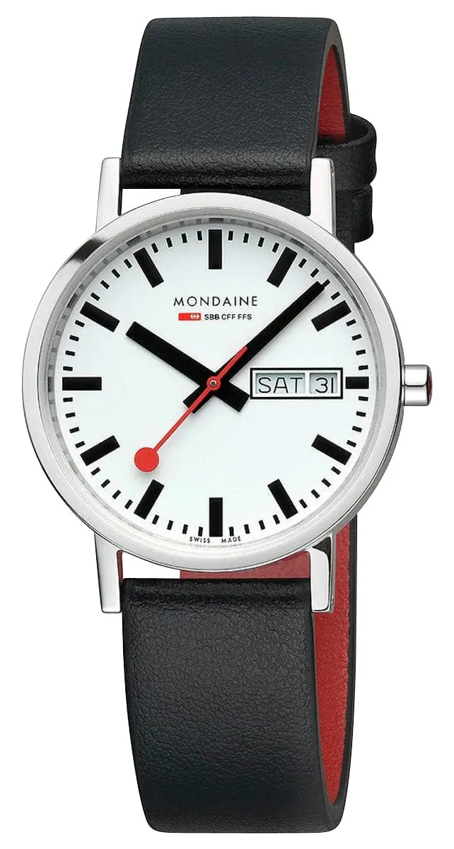 Mondaine Classic Stainless Steel White Dial Black Vegan Leather Strap Day/Date Quartz Unisex Watch A667.30314.11SBB