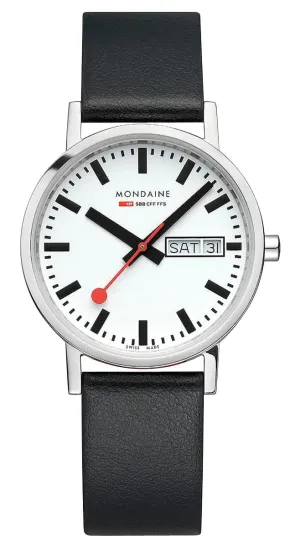 Mondaine Classic Stainless Steel White Dial Black Vegan Leather Strap Day/Date Quartz Unisex Watch A667.30314.11SBB
