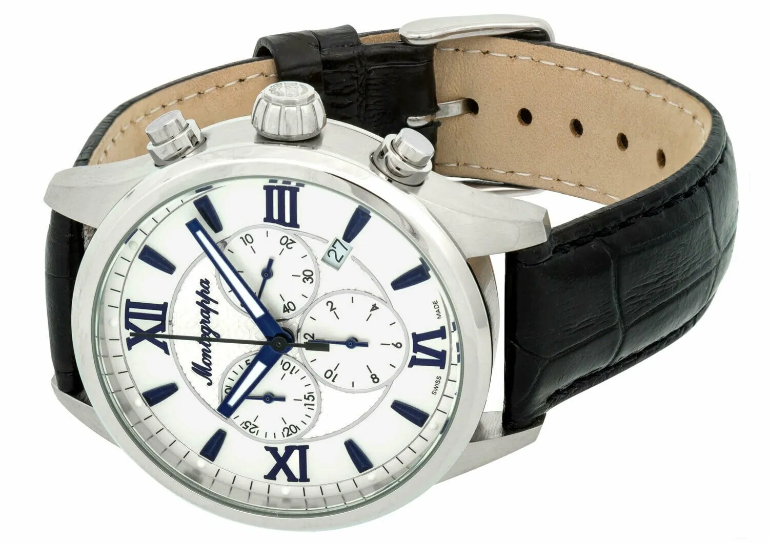 Montegrappa Fortuna Chronograph Date White Dial Black Leather Strap Quartz Men's Watch IDFOWCLB