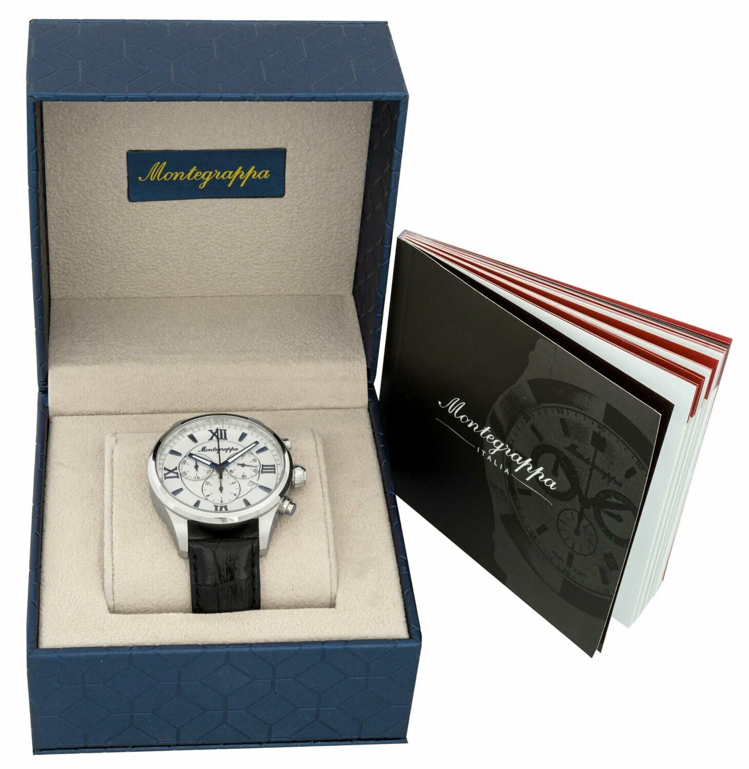 Montegrappa Fortuna Chronograph Date White Dial Black Leather Strap Quartz Men's Watch IDFOWCLB