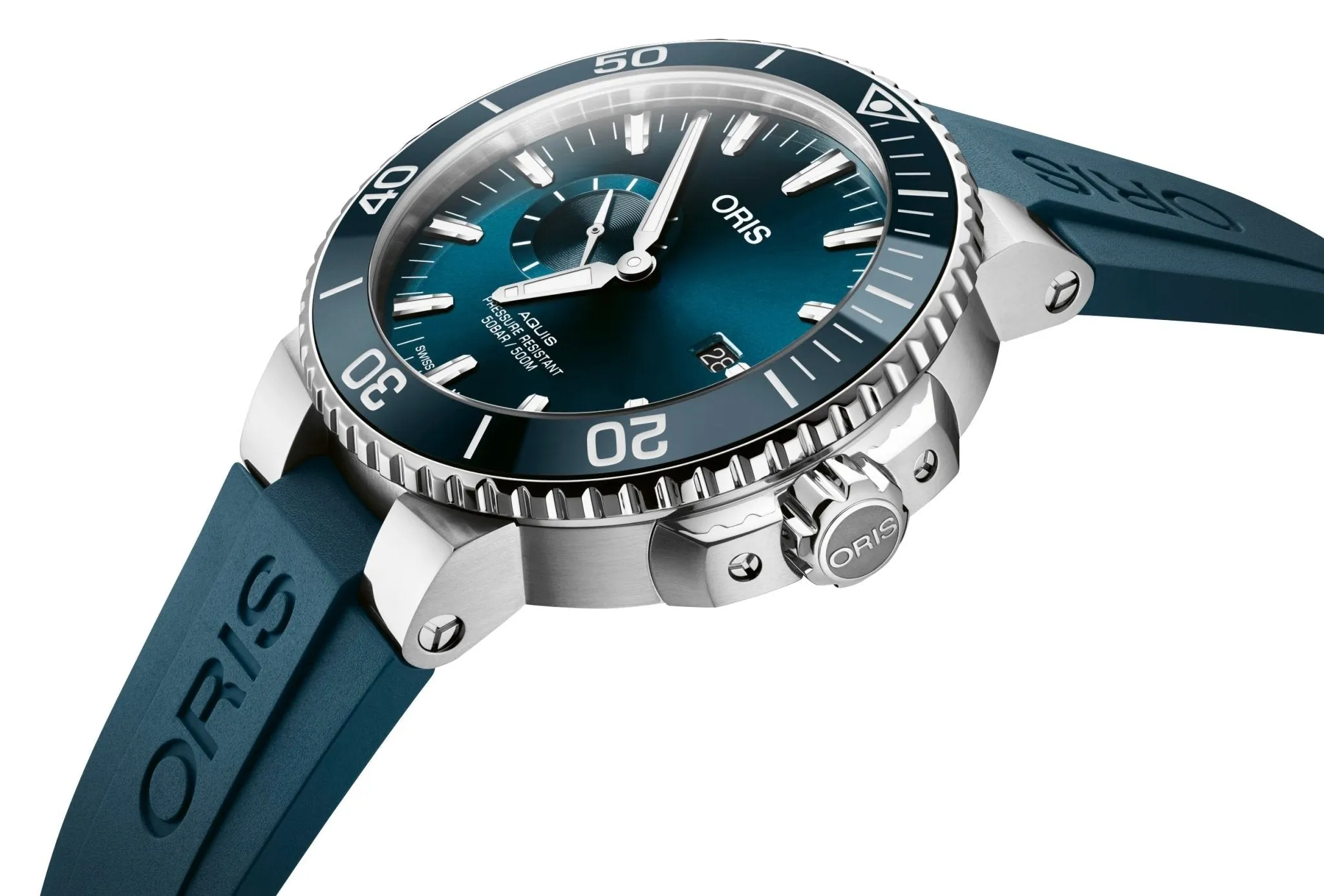 Oris Aquis Automatic Stainless Steel Blue Dial Blue Rubber Strap Date Divers Mens Watch 743 7733 4155-RS