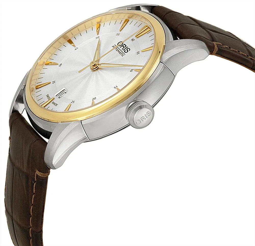 Oris Artelier Automatic Two-Tone Stainless Steel Case Brown Leather Strap Silver-Tone Dial Date Mens Watch 733 7670 4351-LS