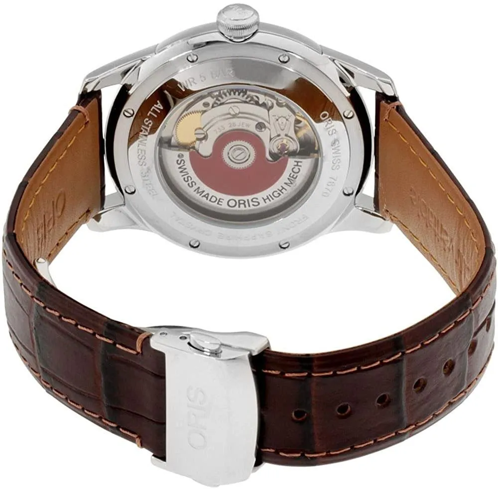 Oris Artelier Automatic Two-Tone Stainless Steel Case Brown Leather Strap Silver-Tone Dial Date Mens Watch 733 7670 4351-LS