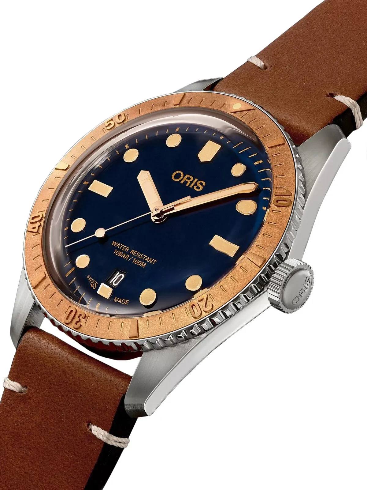 Oris Divers Sixty-Five Automatic Stainless Steel & Bronze Brown Leather Strap Blue Dial Date Mens Watch 733 7707 4355-07 5 20 45