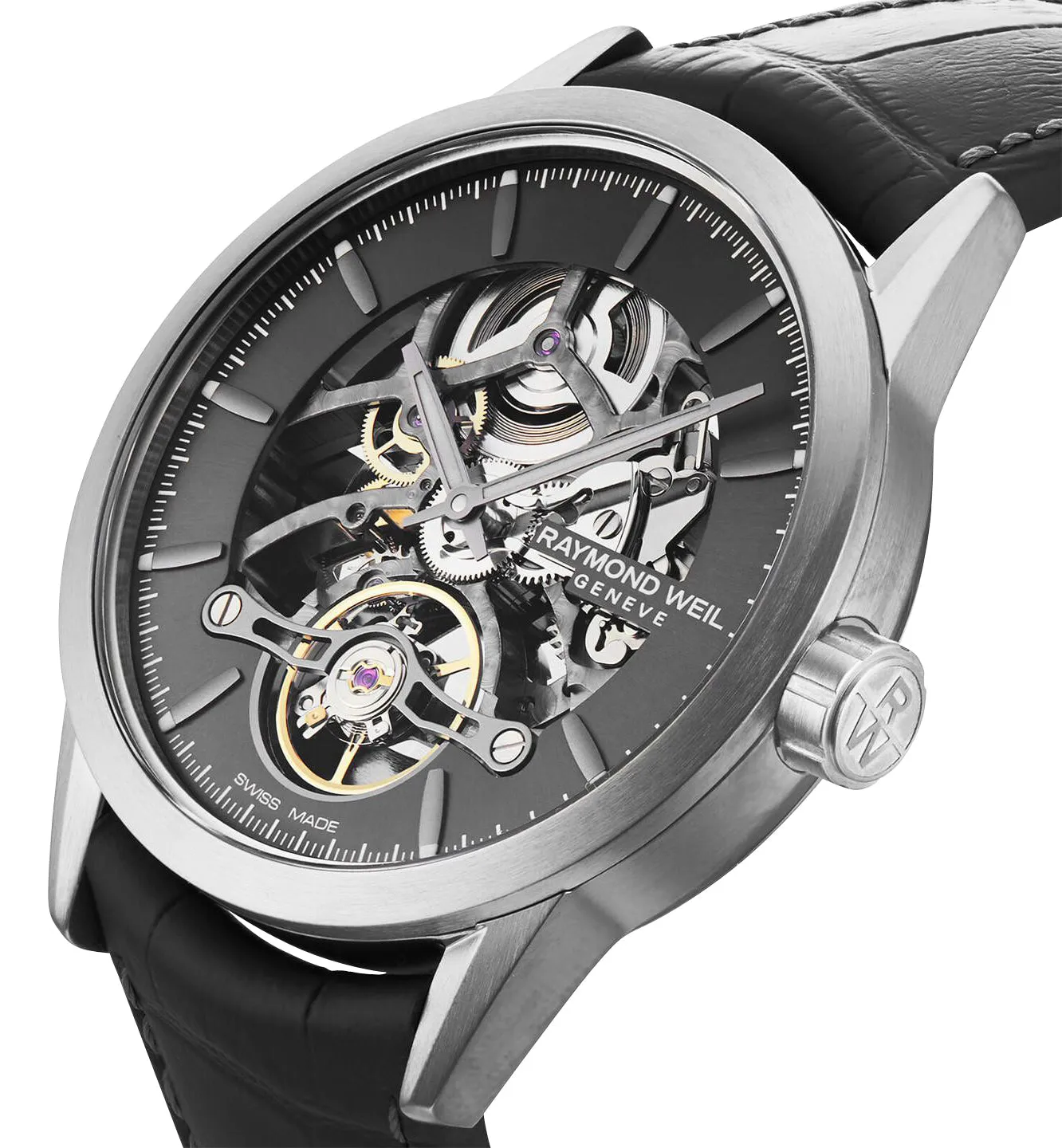 Raymond Weil Freelancer Automatic Stainless Steel Skeleton Dial Black Leather Strap Mens Watch 2785-TI1-60001