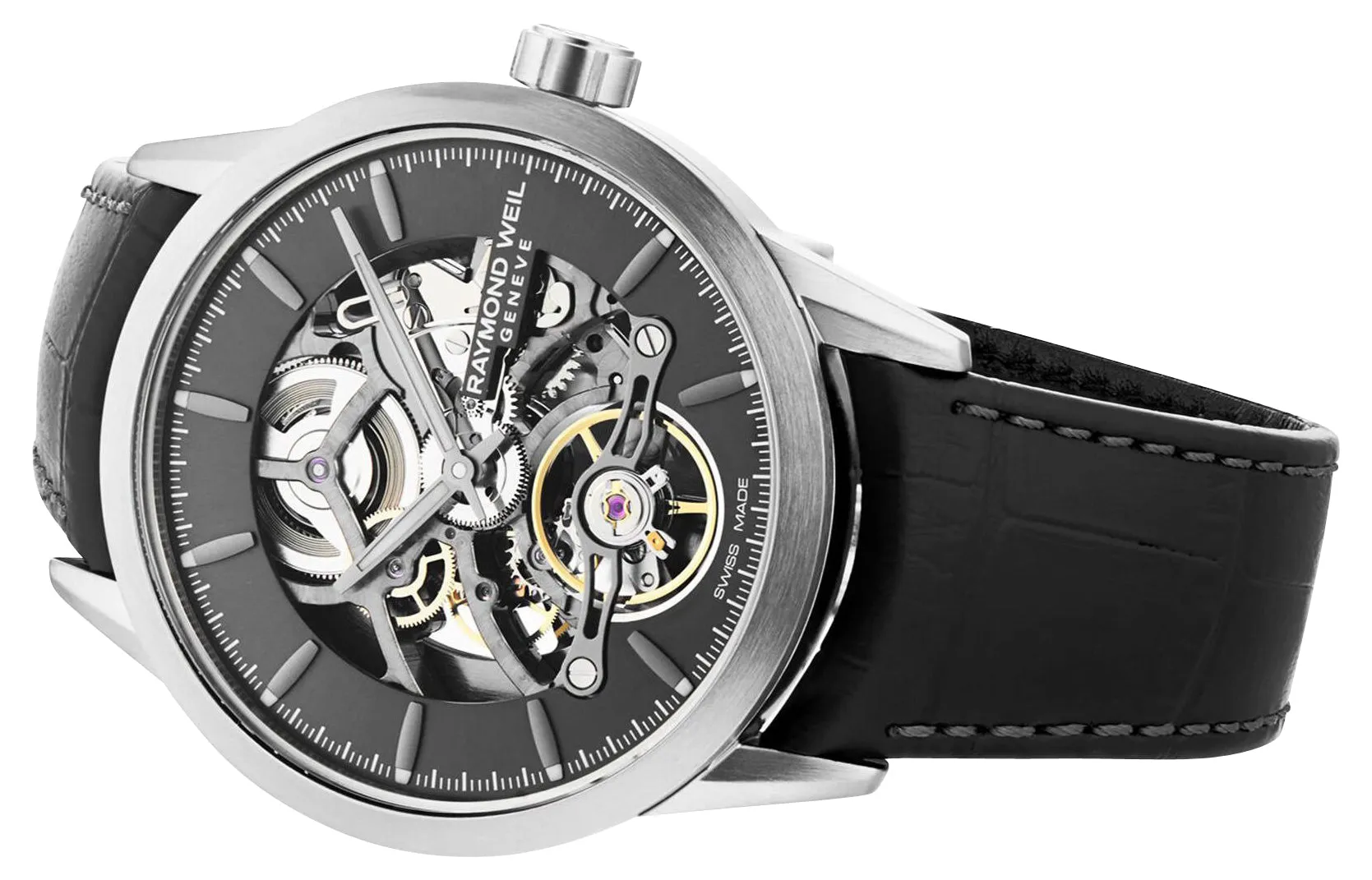 Raymond Weil Freelancer Automatic Stainless Steel Skeleton Dial Black Leather Strap Mens Watch 2785-TI1-60001