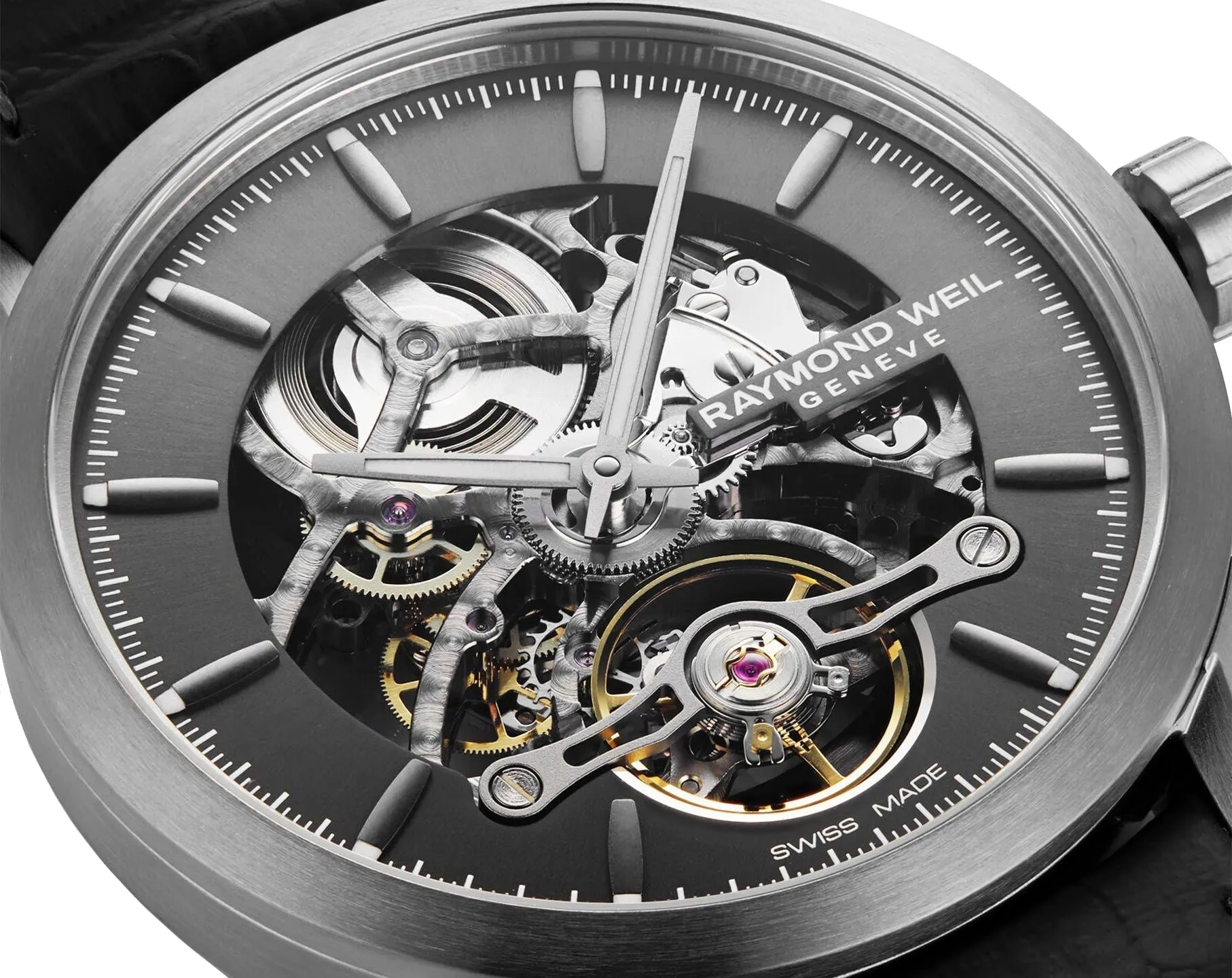 Raymond Weil Freelancer Automatic Stainless Steel Skeleton Dial Black Leather Strap Mens Watch 2785-TI1-60001