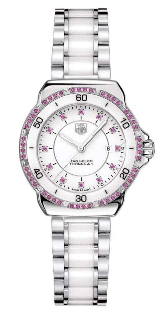 TAG Heuer Formula 1 Steel & Ceramic White Dial Date Pink Sapphire Bezel Quartz Womens Watch WAH1319.BA0868