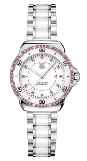 TAG Heuer Formula 1 Steel & Ceramic White Dial Date Pink Sapphire Bezel Quartz Womens Watch WAH1319.BA0868