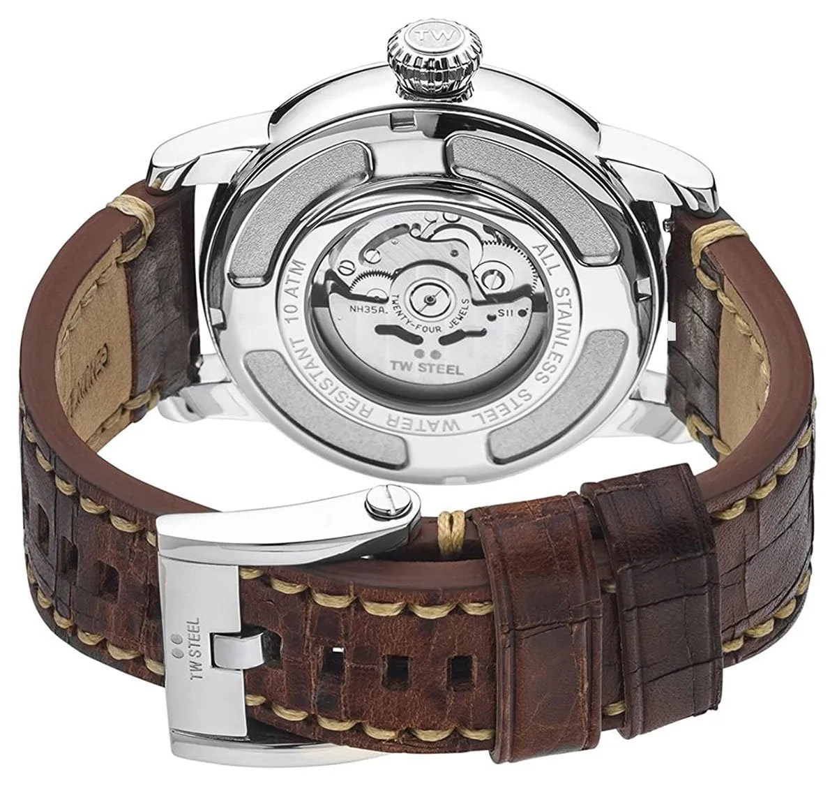 TW Steel Maverick Automatic Stainless Steel Brown Leather Black Dial Date Mens Watch MS6