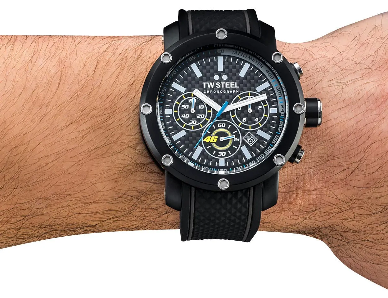 TW Steel VR46 Tech Special Edition Chronograph Black PVD Black Dial Black Silicon Strap Date Quartz Mens Watch TW937