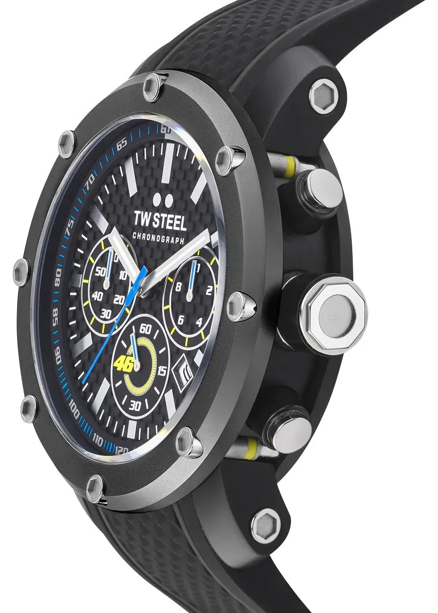 TW Steel VR46 Tech Special Edition Chronograph Black PVD Black Dial Black Silicon Strap Date Quartz Mens Watch TW937
