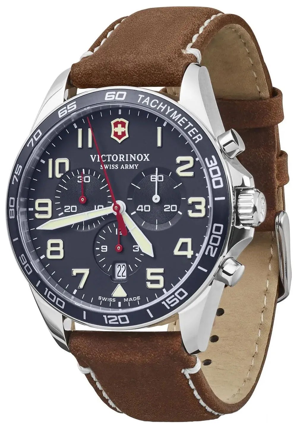 Victorinox Swiss Army FieldForce Chronograph Stainless Steel Mens Watch Brown Leather Blue Dial Date 241854