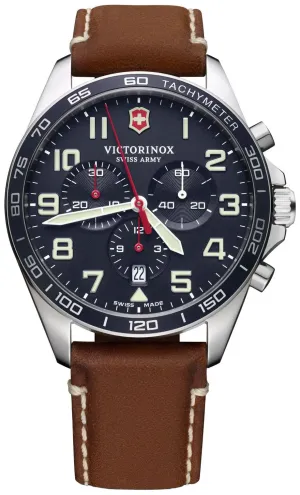 Victorinox Swiss Army FieldForce Chronograph Stainless Steel Mens Watch Brown Leather Blue Dial Date 241854
