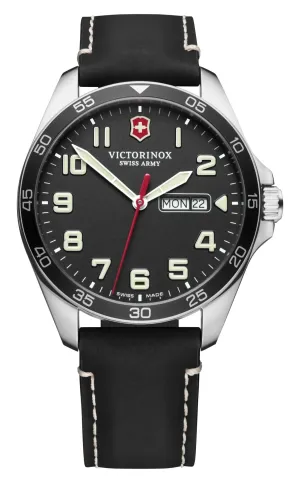 Victorinox Swiss Army Fieldforce Stainless Steel Black Dial Black Leather Strap Day/Date Quartz Mens Watch 241846