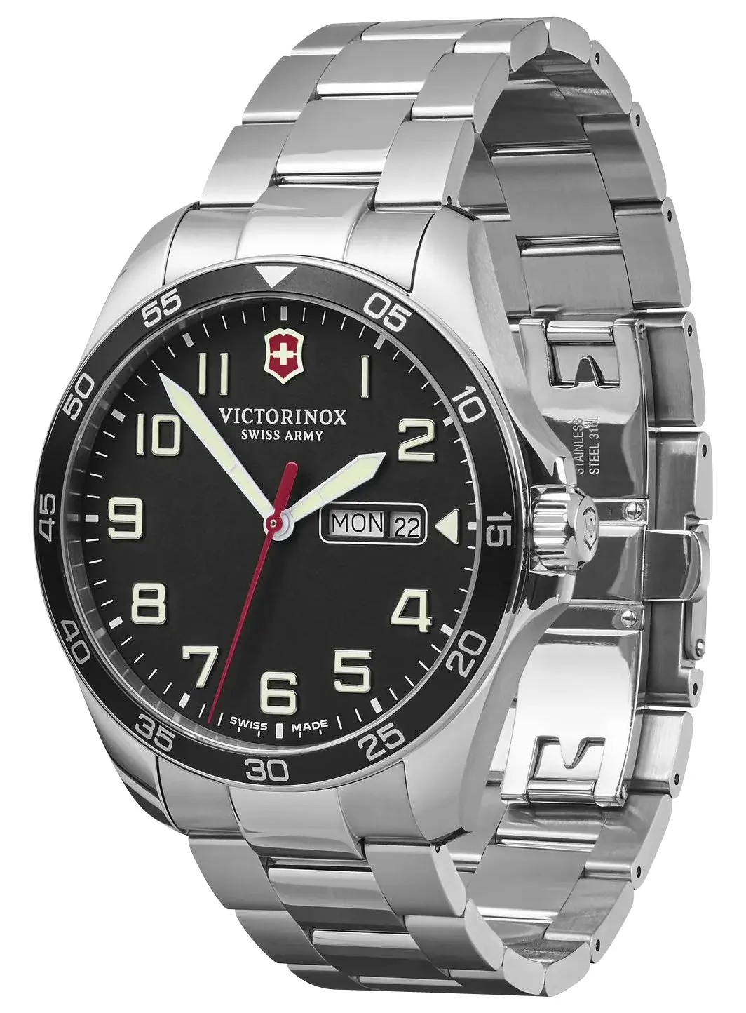 Victorinox Swiss Army Fieldforce Stainless Steel Black Dial Day/Date Quartz Mens Watch 241849